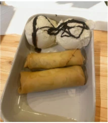 Dessert and spring rolls